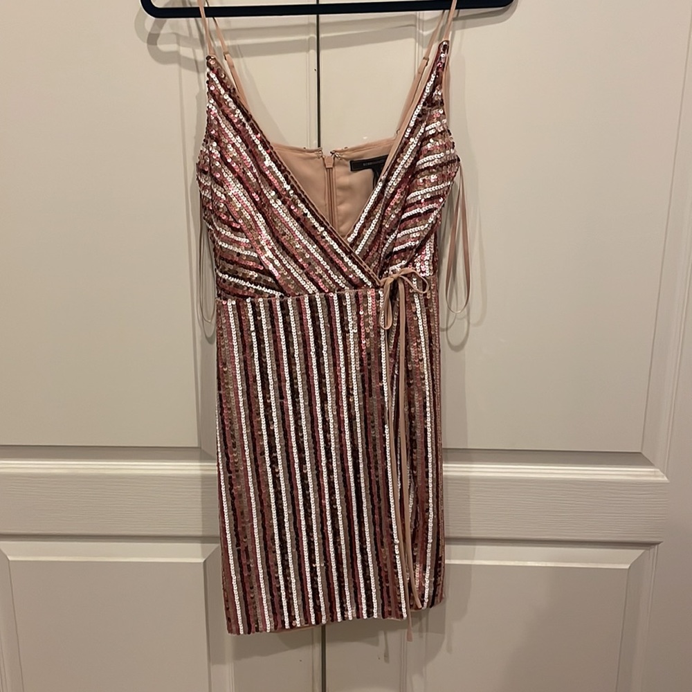 $298 BCBGMAXAZRIA Striped Sequin Wrap Mini Dress